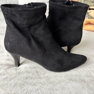 Impo Black Suede Heeled ankle booties.
